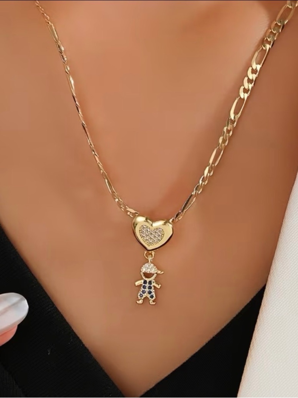 Gold Heart & Boy Pendant Necklace - Gold